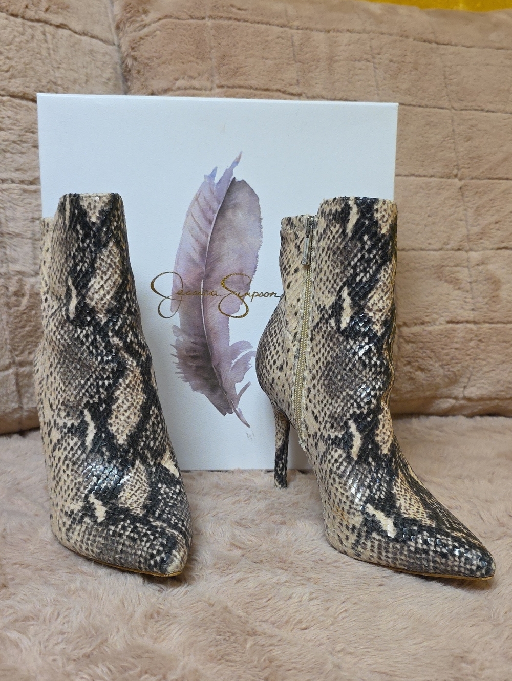 Jessica Simpson Snake-Print Pointed Toe Ankle Boots in Beige and Black
